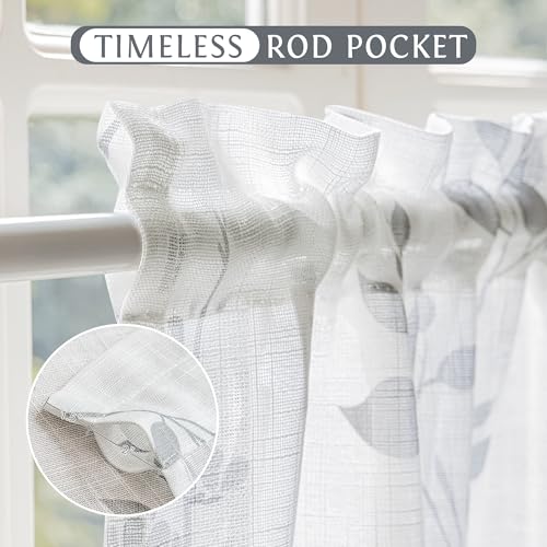 Image of Beauoop Linen Floral Semi Sheer Valance Curtains for Kitchen Grey 52x18x1