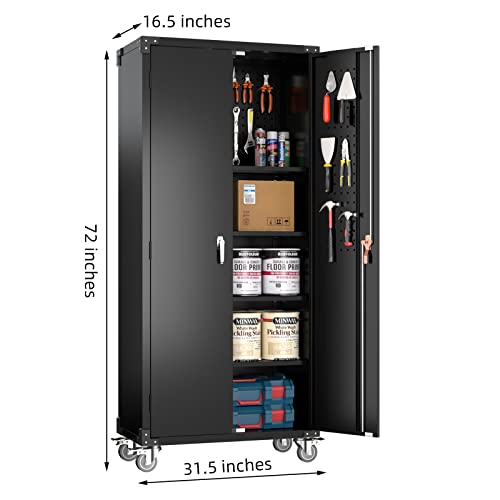Aobabo 72 Inches Metal Garage Storage Cabinet On Wheels, Locking Steel Storage Cabinet With 1 Pegboard And 4 Adjustable Shelves, Assembly Required,Black… #TOP2