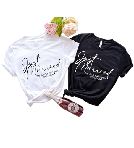 Just Married Shirts with Custom Name and Date Matching Couples Shirts Personalized Mr and Mrs T Shirt for Bride Groom Honeymoon Tees Wedding Gifts 2026 Multicolor