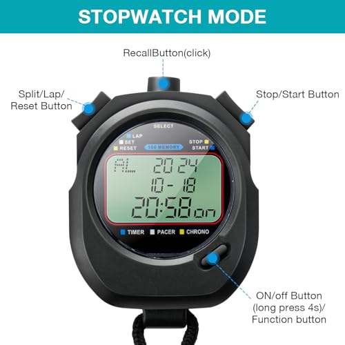 Chronomètre étanche - 100 tours - Mémoire divisée - Grand écran - Chronomètre numérique simple avec horloge/comptage à rebours/réveil/calendrier/bruit - Chronomètre de sport pour la natation, la – Image 5