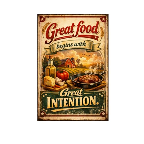 Great Food Begins With Great Intention Tin Sign Vintage Kitchen Wall Decor Rustic Farmhouse Cooking Quote Metal Poster Retro Culinary Art 8x12 Inch Food Lover Home Restaurant Cafe Wall Display