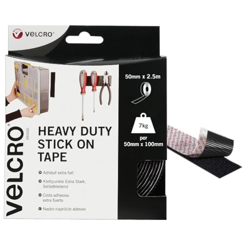 Image of VELCRO Brand | Heavy Duty Stick On Tape | Cut-to-Length Industrial Extra Strong Double Sided Hook & Loop Self Adhesive Tape Perfect for Room Decor & Home, Office, Garage Use | Black | 50mm x 2.5m