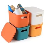 Qeapug 4 Pcs Small Storage Boxes with Lids, Colourful Stackable Plastic Storage Box with LidStorage Baskets for Shelves Kitchen Bathroom Bedroom Classroom Office Cupboard Organiser(9.65 x 6.89 x 6.3)