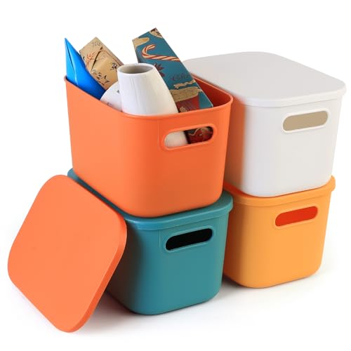 Qeapug 4 Pcs Cajas Almacenaje Plastico, Caja de Almacenamiento de Plástico Pequeñas, Cajas de Plastico con Tapa apilables para Organizador Baño Habitación Infantil Cocina Oficina(24,5 x 17,5 x 16 cm)