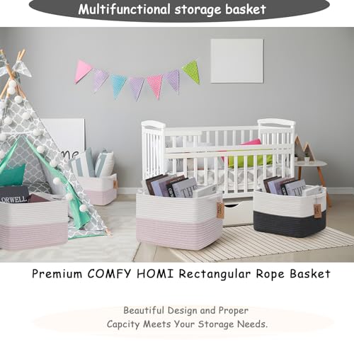 Image of COMFY-HOMI 3PACK Cotton Rope Square baske with Handles for Shelves|Dog Toy baske Bin and Storage|Baby baske for Gift|Shoe baske for Organizing|13.5 inch x 11 inch x 9.5 inch for Living Room(White /Pink)