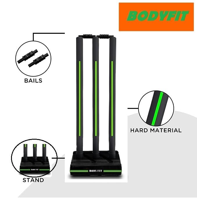 Image of Bodyfit Heavy Cricket Stumps | Plastic Wickets Set with 3 Stumps + 2 Bails + 1 Stand | Full Size Wickets for Cricket Ground, Tournament Wicket. (Black-FlorGreen)