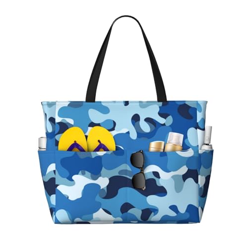 Large Beach Bags for Women Sandproof - Blue Sky Camo Print Summer Travel Work Tote Bags with Zipper