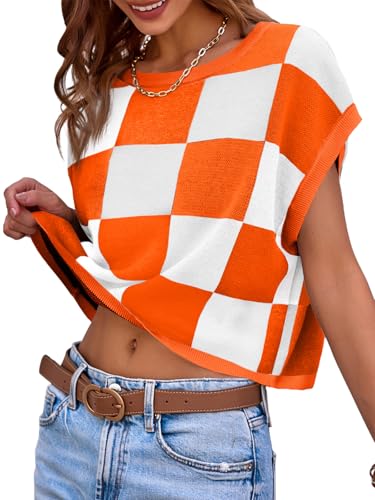 Image of Saodimallsu Womens Cap Sleeve Crop Tops Summer Color Block Going Out Crew Neck Knit Trendy Casual Sweater