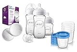 Lieferumfang: Glas - Flaschenset mit 3 Flaschen inkl. Natural Sauger und Hygienekappe (2x 240ml, 1x 120ml) sowie Schnuller 0-6 Monate, 5x Becher 180ml mit Deckel, 1x 100er Pack Stilleinlagen