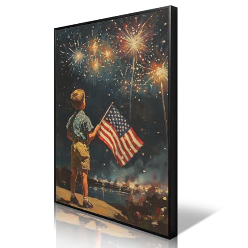 Image of American Flag Canvas Wall Art, 4th of July Patriotic Poster Print, Boy Holding USA Flag and Dark Night Fireworks Picture, Independence Day Wall Decor for Bedroom Living Room 24x36in Wrapped Canvas