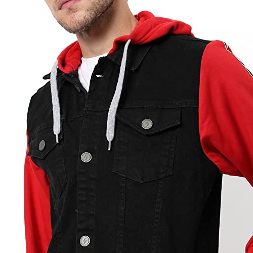 Image of Campus Sutra Men's Dark-Washed Black & Red Regular Fit Denim Jacket | Hooded Collar | Full Sleeve | Buttoned | Casual Western Stylish Winter Wear for Men