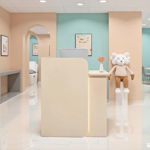 Moderno escritorio de recepción con panel de privacidad curvado y tira LED con cajones con cerradura, caja registradora para tiendas minoristas, salones, oficinas, boutiques