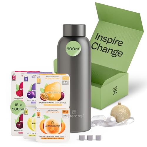 waterdrop® Starter Set Steel with 1x Stainless Steel Water Bottle + 18 Microdrinks Vitamin Hydration Cubes in 6 flavours - Taster Pack with 600ml Double Insulated Water Bottle + Sugar-Free Drinks