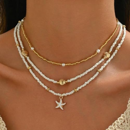 Shell Starfish Necklace for Women, 14k Gold Boho Layered Beaded Charm Pendant Necklace, Dainty Adjustable Pearl Conch Summer Beach Vacation Jewelry Gifts3