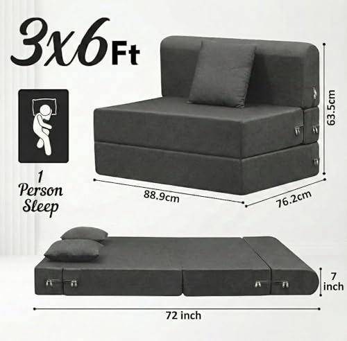 Image of Foldable One Seater Sofa Bed 3 X 6 Ft Jute Fabric Washable Cover Sofa Cum Bed with Cushions Convertible Sofa Bed for Home, Office (Black Color - Pre-Assembled)