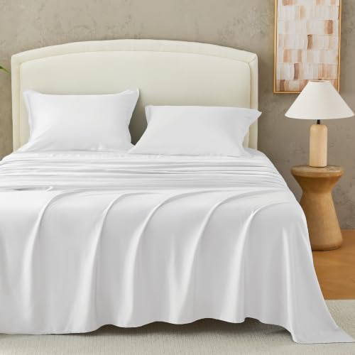 Image of Andency Sateen Sheets Set, 100% Viscose Derived from Bamboo, Hotel Luxury Silky & Cooling for Hot Sleepers, Deep Pocket Up to 16 inch, White Queen