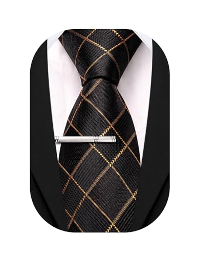 Image of Barry.Wang Plaid Ties Mens Silk Necktie and Tie Clip Checkered Tie for Wedding Party Business Formal