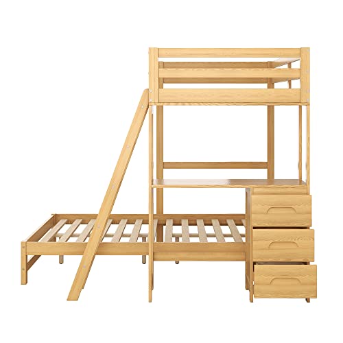 Twin Over Full Bunk Bed With Built-In Desk And 3 Drawers Nightstand, Separate Design Solid Wood Bunk Bed Frame With Inclined Ladder And Safety Guardrail For Kids Teens Aldults (Natural) #TOP7