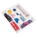 mDesign Organizador de cajones antideslizante – Práctica caja para escritorio con 5 divisiones para la oficina – Organizadores de oficina para bolígrafos, gomas de borrar y demás útiles – blanco