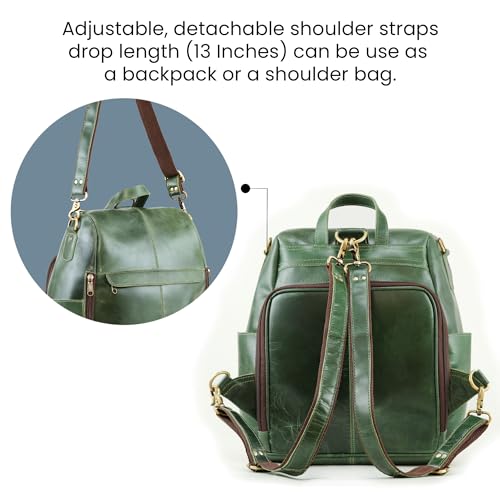 Image of Handmade World Leather Backpack Convertible to Purse 'The Honeycomb' Shoulder Bag Travel Versatile Rucksack Daypack (Green)