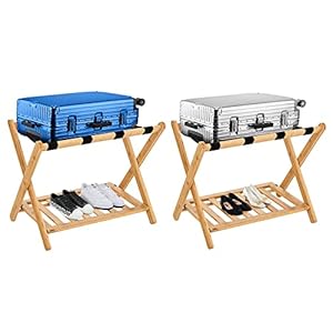 Smart FENDEE 2 Pack Fully Assembled Luggage Racks for Suitcases for Bedroom, Heavy Duty Bamboo Foldable Suitcase Stands with Storage Shelf, Wide Luggage Stand for Guest Room, Hotel, Natural