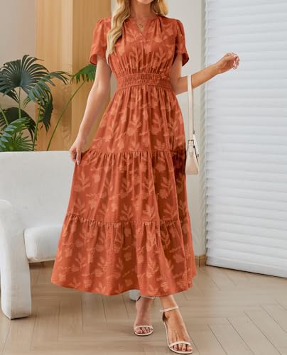 Image of Women's Maxi Dresses Boho Burnout V Neck Short Puff Sleeve Smocked Empire Waist Long Wedding Guest Semi Formal Dress Pockets