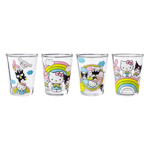 Image of Silver Buffalo Sanrio Hello Kitty and Friends Rainbow Featuring Badtz-Maru, My Melody, Cinnamoroll, Kuromi, Little Twin Stars, Pochacco, Keroppi, Tuxedo Sam, Chococat 4 Pack Mini Glasses, 1.5 Ounces