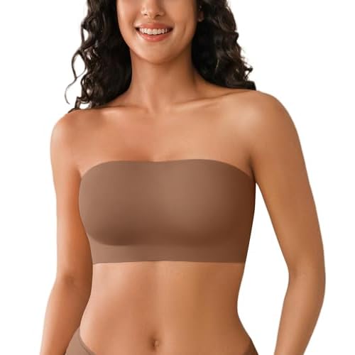DEANGELMON Strapless Bras for Women Non-Slip Silicone Bandeau Seamless Tube Top Bralette Comfy Non Padded Stretchy Stylish X-Large Milk Brown