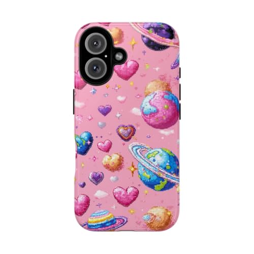 Pixel Art coque iPhone 16 rigide brillante motifs cœurs et planètes