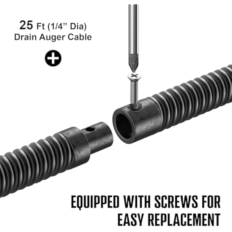 POPULO 25FT Replaceable Cable, Compatible with POPULO Electric Drain Auger(CADL-2004, PEDC-23), Supports Manual Operation.