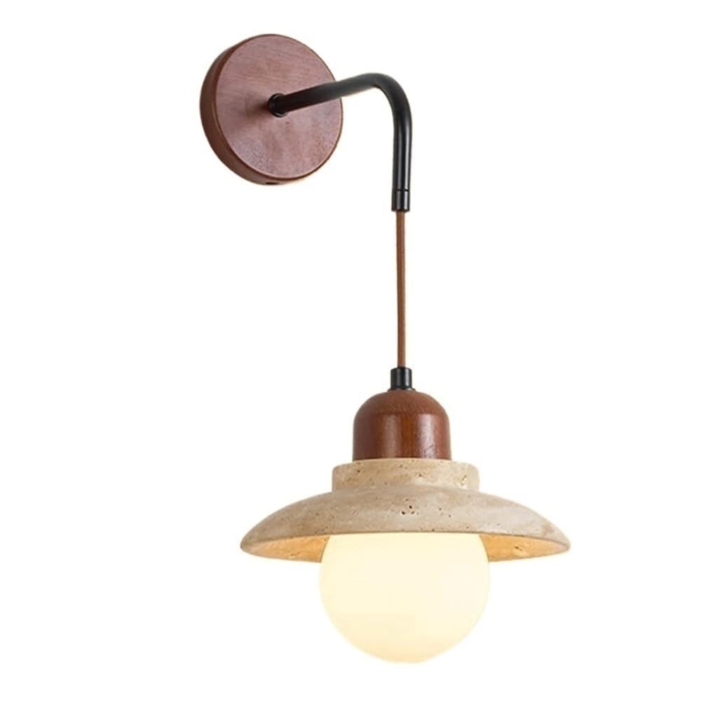 NHPJFDC Modern Natural Yellow Travertine Wall Sconce Wood Wall Light with Glass Globe Shade 3 Color Dimming G9 LED Minimalist Indoor Bedside Lamp for Living Room Hallway Staircase Lighting