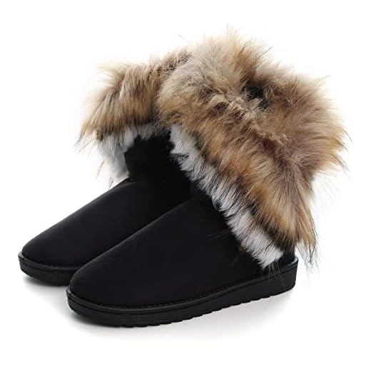 VFDB Women Mid Calf Boot Suede Faux Fur Tassel Outdoor Winter Snow Suede Flat Shoes Black US 7.5