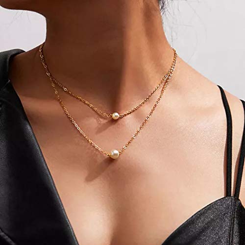 Derora Boho Lariat Layered Necklace Silver Pearl Pendant Necklaces Chain Jewelry for Women and Girls (Gold)