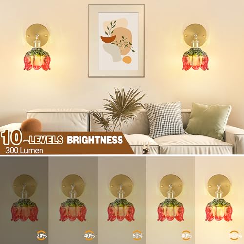 Image of Wireless Wall Sconce with Flower lampshade, Battery Operated Wall Lights,Wall lamp with 15 Colors for Bedroom Living Room Home Decor (Red, 2 Light Battery Operated)