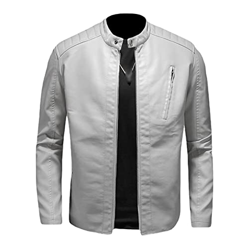 Maiyifu-GJ Men's Vintage Faux Leather Jacket PU Zip Up Stand Collar Bomber Coat Retro Warm Slim Fit Jackets Windbreaker (White,5X-Large)