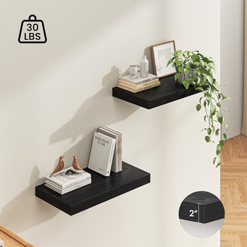 Image of Dreamland 24 inch Floating Shelves for Wall, 12 inch Deep Thicker Black Floating Shelves, Wall-Mounted Shelves for Bedroom, Living Room, Kitchen, Bathroom - Set of 2