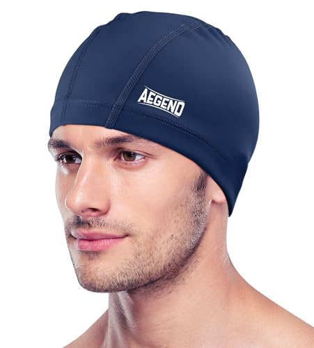 Aegend Fabric Swim Cap Silicone Waterproof Layer - Breathable Cloth Swimming Cap Keep Hair Dry with Hight Elasticity for Women Men 2 Sizes to Choose (Navy Blue Medium)