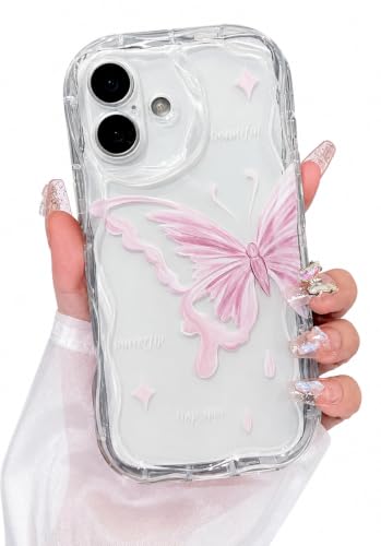 Image of VONZEE Cute Pink Butterfly Transparent Back Cover for iPhone 16| Clear Shockproof TPU Protective Case | Slim Anti-Yellowing Crystal Clear Phone Cover for Girls and Women
