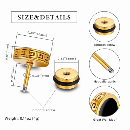 2025 Upgraded Hypoallergenic earrings for men,Mens surgical steel black stud earring jewelry,Great Wall wall grain round cake shape,Single black gel 0.4 inches wide2