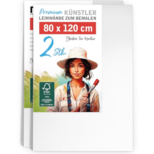 2er-Set Künstler-Leinwand zum Bemalen 80x120cm groß. Die leere, weiße Leinwand aus 100% Baumwolle ist umlaufend gespannt auf FSC® Holz-Keilrahmen mit 17mm Stärke, 280g/m², 2-fach weiß grundiert