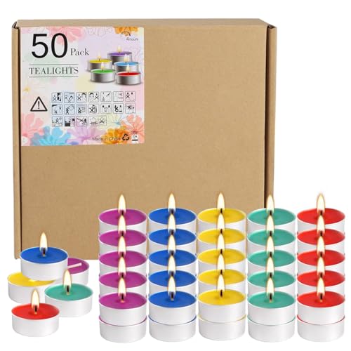 50 Pack Unscented Assorted Colors Tealights Candle - 4+Hour Clean-Burning Votive Smokeless Tea Lights for Home Decor Rituals Shabbat & Anniversaries & Relaxation.