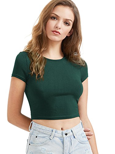 Sweatyrocks Women's Basic Short Sleeve Scoop Neck Crop Top Green Small #TOP3