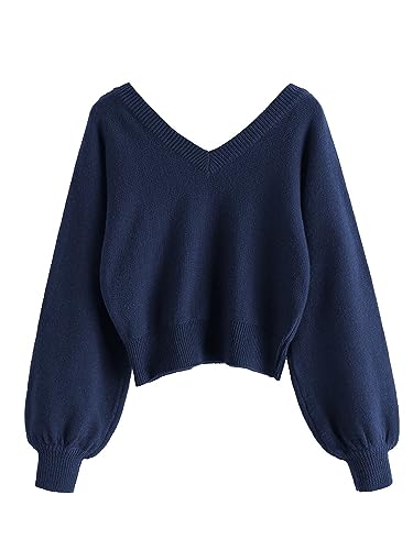 Image of ZAFUL Women's Cropped Sweater V-Neck Long Sleeve Pullover Jumper Knit Top