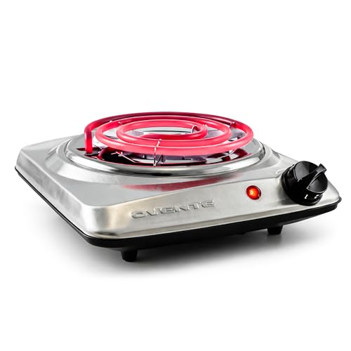 OVENTE Electric Countertop Single Burner, 1000W Cooktop with 6" Stainless Steel Coil Hot Plate, 5 Level Temperature Control, Indicator Light, Compact Cooking Stove and Easy to Clean, Silver BGC101S