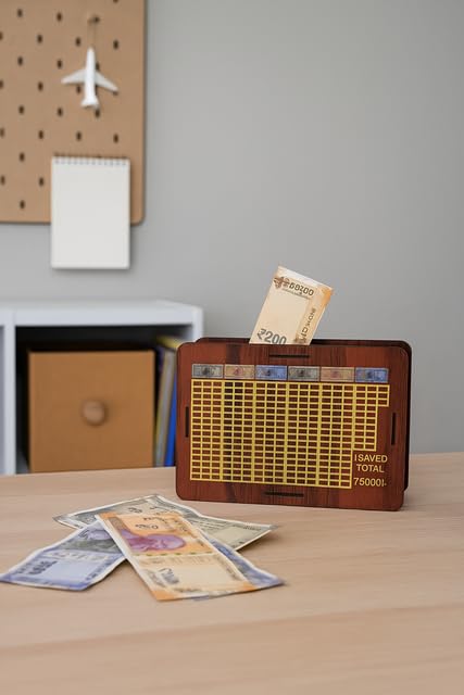 Somil Wooden Money Saving Box with 75,000 Goal Tracker – Square Coin & Note Bank for Kids & Adults | Stylish Piggy Bank with Grid Chart Design-image-29