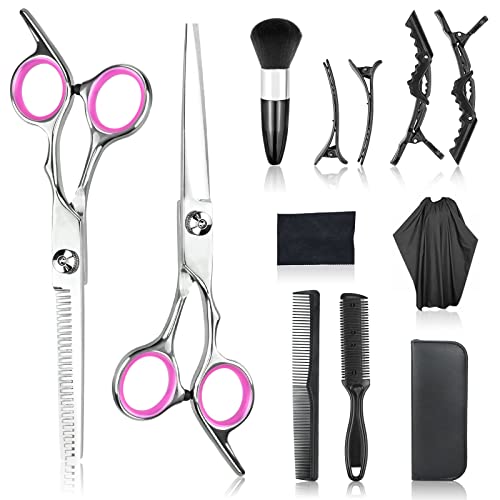 12Pcs Scissors Hair Hairdressing Professional Shears Set, Thinning Cutting Clip Comb Stainless Steel Cut Pouch Kit Salon Barber Women Men Kids Black (Pink)