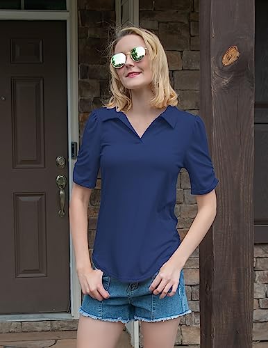 Women's Collared Tops Short Sleeve Polo Shirts Casual Business Work Blouse Tunic Blue X-Large #TOP5