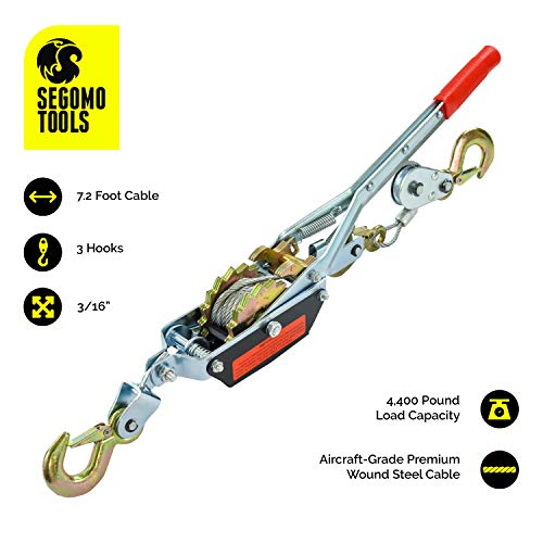 Segomo Tools 2 Ton Heavy Duty 3 Hook Steel Cable Dual Gear Power