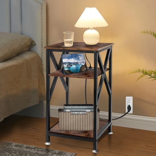 TooCust 3 Tier End Table with Charging Station, 16" W x 12" D x 28" H, Metal and Brown Bedside Table with USB Ports and Outlets, X-Shaped Side Tables with Wheels for Living Room, Bedroom, Kitchen