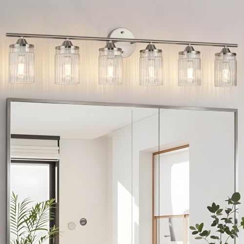 Image of Jonsi Nickel Bathroom Light Fixtures 6-Light Vanity Lights Modern Wall Sconce with Clear Glass Shade Brushed Nickel Bathroom Light Fixture Over Mirror for Bedroom Hallway Kitchen